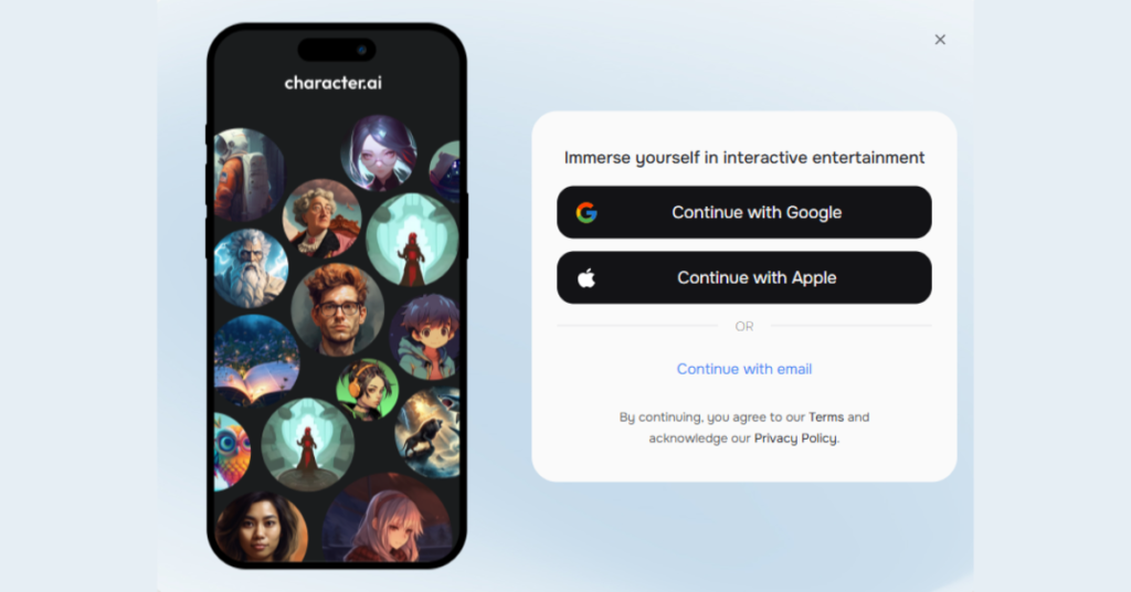 A smartphone screen displaying the Character AI app interface, featuring circular avatars of various AI characters, with options to sign in using Google, Apple, or email.