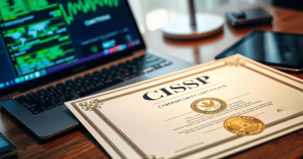 CISSP certificate placed on a desk alongside a laptop displaying cybersecurity-related information.