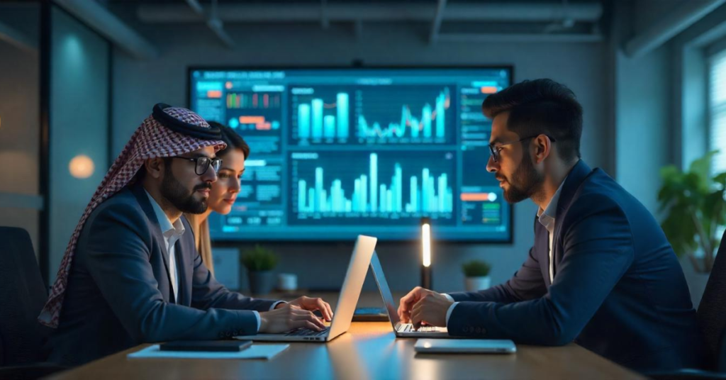 Three professionals, including a man in a suit with a traditional keffiyeh, collaborate at a conference table with laptops, analyzing data on large digital screens in a modern office setting.