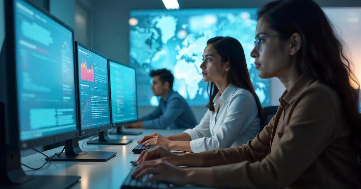 A group of cybersecurity professionals working at computer stations, analyzing data on monitors with digital world maps displayed in the background.