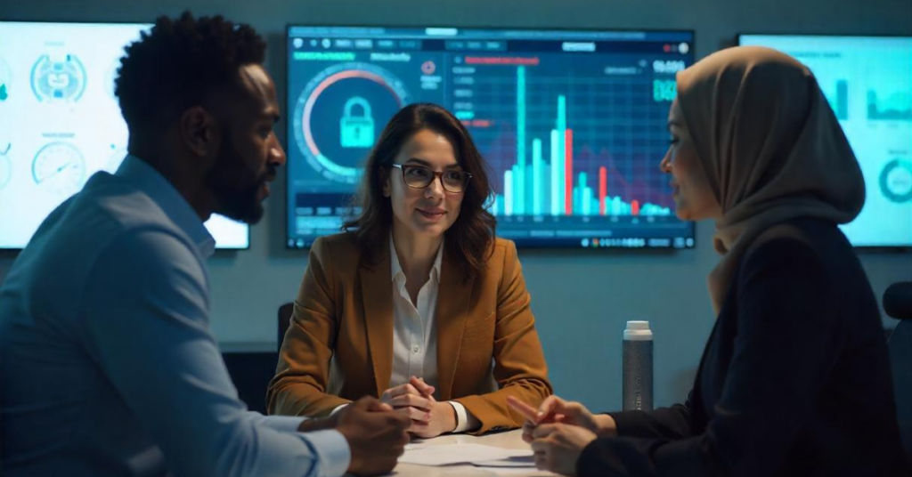 A group of three professionals having a discussion in a high-tech office environment. The central person, a woman in a brown blazer and glasses, faces the camera while listening attentively. On her right, a man in a blue shirt engages in conversation, and on her left, a woman in a hijab listens closely. Large screens in the background display graphs, charts, and a security padlock icon, suggesting a focus on data or cybersecurity.