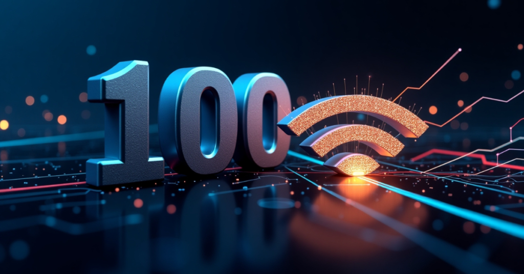 A futuristic digital illustration featuring the number "100" alongside a glowing Wi-Fi symbol, representing high-speed internet connectivity. The background includes circuit-like elements and data flow lines.