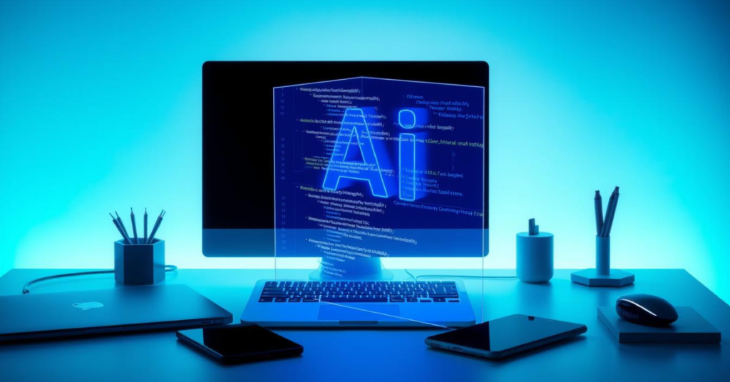 A sleek, modern desktop with a laptop, smartphone, and other AI-related devices. In the center, a 3D holographic display showcases lines of code and AI algorithms. The lighting is soft and directional, creating depth and highlighting the tech elements. The background features a subtle gradient in shades of blue, conveying a sense of innovation and technology. The composition is balanced, with the devices arranged in a visually appealing layout, drawing the viewer's attention to the central holographic display.