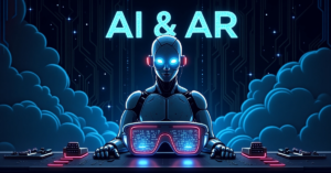 A futuristic humanoid robot with glowing blue eyes sits at a high-tech control panel, wearing augmented reality (AR) glasses displaying digital data. The background features a neon-lit circuit board design with the words "AI & AR" illuminated above.