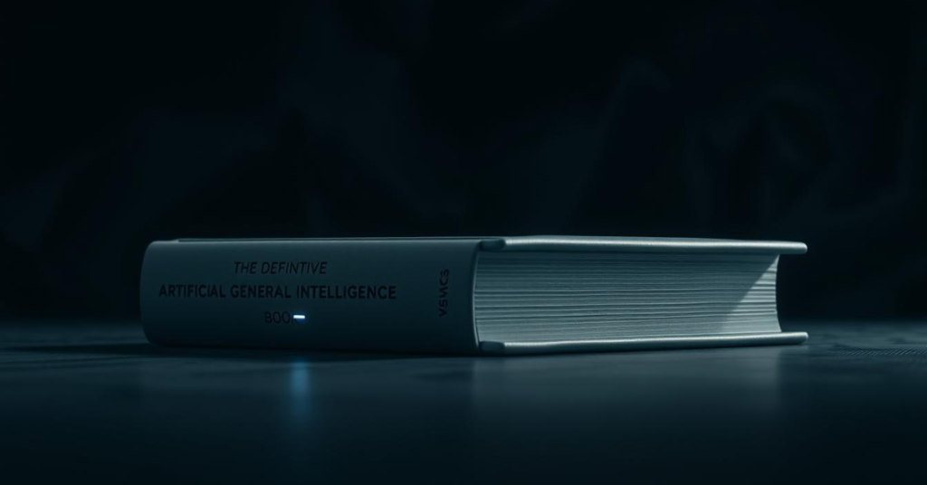 A hardcover book with a minimalist yet striking cover design, set against a backdrop of a dark, contemplative atmosphere. The book's title "The Definitive Artificial General Intelligence Book" is emblazoned in a bold, futuristic typeface, hinting at the groundbreaking nature of its content. The book's surface reflects a faint, glow-like illumination, suggesting an almost mystical aura surrounding the subject matter. The image is captured from a low angle, emphasizing the book's authoritative presence and commanding the viewer's attention. Subtle ambient lighting casts long shadows, creating a sense of depth and intrigue, while a muted color palette of grays, blacks, and metallic accents evokes a sophisticated, cutting-edge aesthetic.