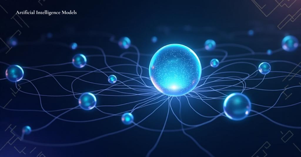 A futuristic digital representation of artificial intelligence models, featuring interconnected glowing blue spheres symbolizing neural networks and data flow.