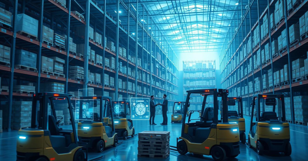 A futuristic warehouse interior bathed in cool, bluish lighting. In the foreground, a fleet of autonomous forklifts effortlessly move pallets and crates, their robotic arms and sensors seamlessly coordinating their movements. In the middle ground, a team of logistics professionals monitors a large holographic display, analyzing real-time data and adjusting supply chain workflows with gestures. In the background, towering racks stretch towards the high ceiling, filled with meticulously organized inventory, managed by an intelligent inventory management system. The overall scene conveys a sense of efficiency, precision, and the integration of advanced artificial intelligence technologies within the modern logistics landscape.