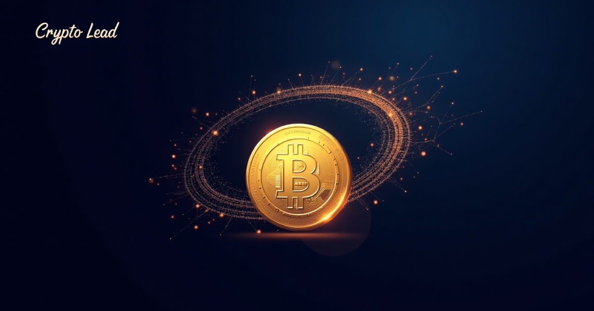 A glowing Bitcoin coin surrounded by a digital, futuristic ring of golden particles on a dark blue background. The words "Crypto Lead" are written in the top left corner.