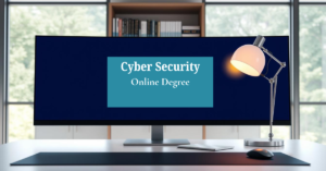 A modern workspace featuring a widescreen monitor displaying "Cyber Security Online Degree" with a stylish desk lamp and bookshelf in the background.