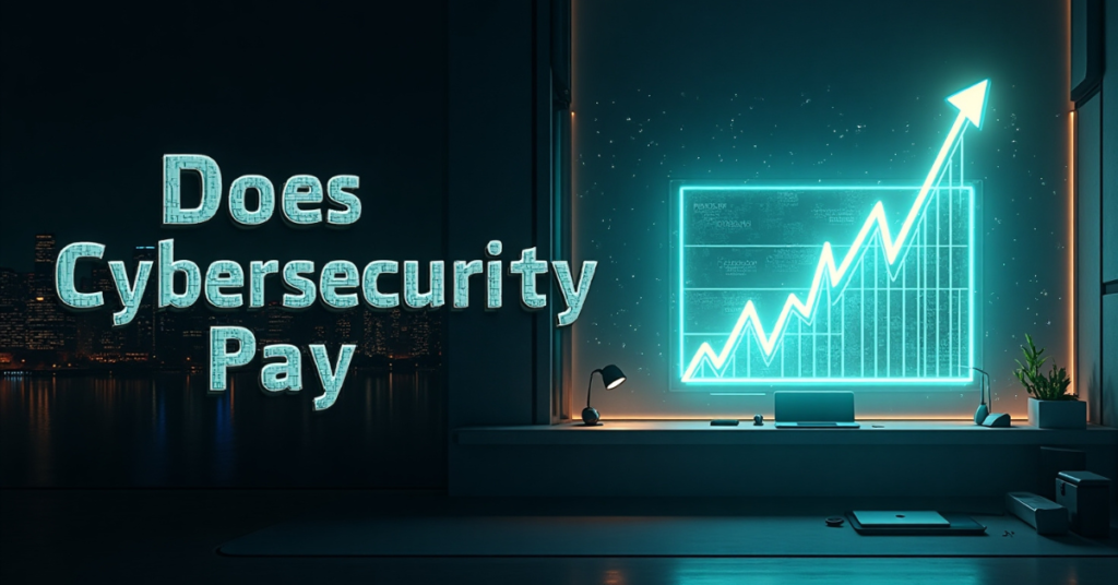 A futuristic office setting at night with a glowing digital stock chart showing an upward trend and the text "Does Cybersecurity Pay" in a cyber-themed font.