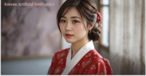 A young Korean woman wearing a traditional red hanbok with delicate floral patterns, looking elegantly poised with a soft expression.