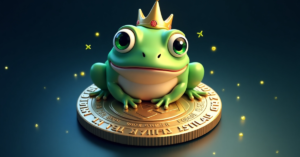 A cute green frog wearing a golden crown sits on a large, shiny gold coin, surrounded by glowing fireflies in a dark background.