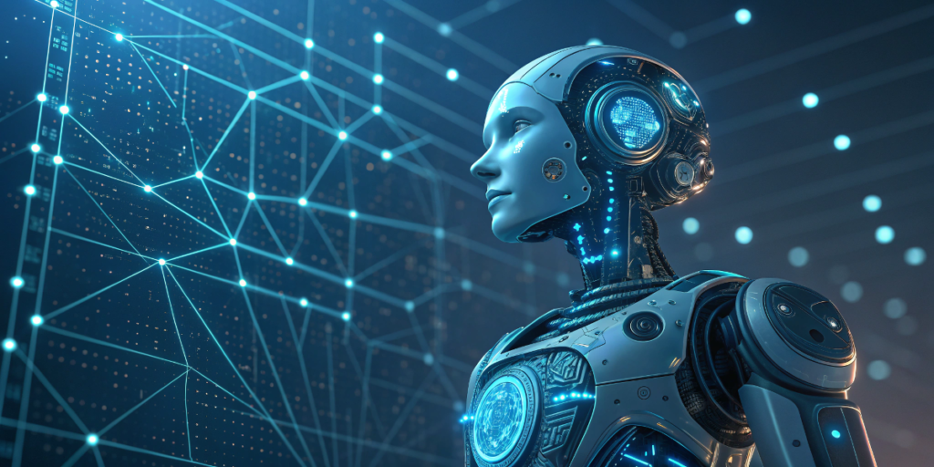 A futuristic humanoid robot with an advanced cybernetic design, glowing blue interfaces, and intricate mechanical details, gazing at a digital network with interconnected nodes.