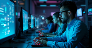 A group of cybersecurity professionals working on computers in a dimly lit, high-tech environment with holographic data displays.