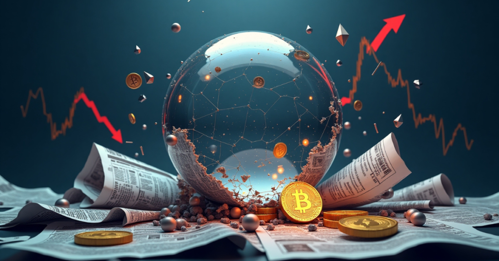 The image is a digital illustration featuring a transparent glass sphere at the center, surrounded by scattered newspapers and floating Bitcoin coins. The sphere contains a network of interconnected lines and nodes, symbolizing blockchain technology. The background is dark with a gradient from deep blue to black, enhancing the futuristic theme. Red arrows and a fluctuating line graph are visible, indicating market trends. The Bitcoin coins are gold with the Bitcoin logo prominently displayed. The newspapers are in grayscale, adding contrast to the vibrant elements. The overall composition suggests themes of finance, technology, and market volatility.