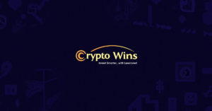 The image is a digital graphic with a dark blue background featuring a central logo and text. The logo consists of the words 'Crypto Wins' in a bold, modern font with a gradient color scheme transitioning from orange to yellow. Above the text, a curved line arches over the word 'Crypto,' resembling a rising sun or a smile. Below the main text, a smaller tagline reads 'Invest Smarter, with Lessinvest' in white, sans-serif font. The background includes subtle, abstract shapes and symbols related to cryptocurrency, such as currency symbols and geometric patterns, in a slightly lighter shade of blue, adding depth and context to the design.