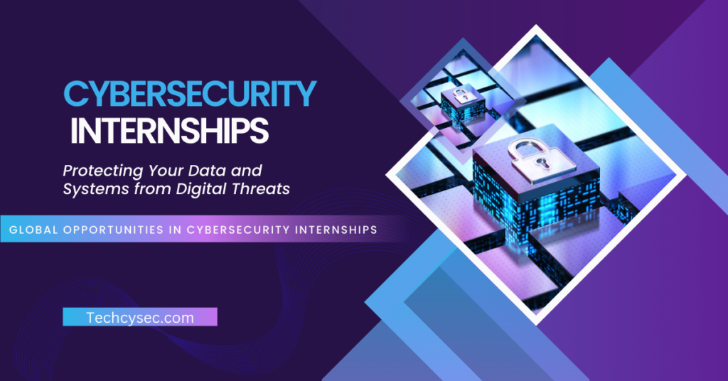 A digital graphic design promoting cybersecurity internships, featuring a futuristic lock on a network-like grid, with text highlighting global opportunities and data protection.