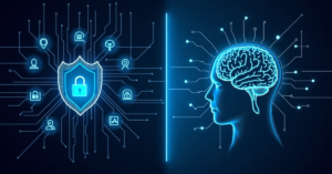 A digital illustration comparing cybersecurity and artificial intelligence, featuring a shield with a lock on the left and a human head with a neural brain on the right, both connected by futuristic circuits.