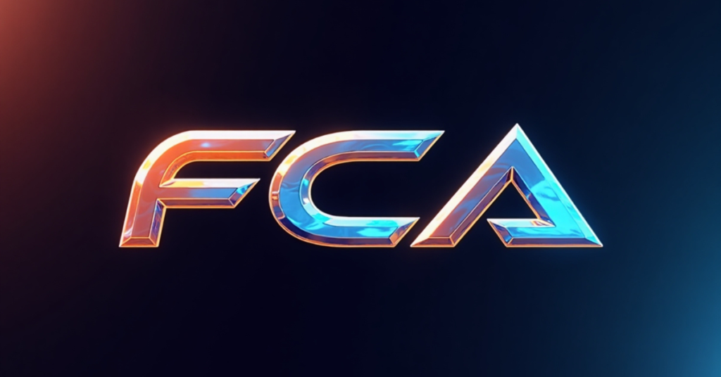A 3D-rendered metallic logo displaying the acronym "FCA" in bold, reflective blue and orange gradient letters against a dark background. The letters have a futuristic, high-tech design with sharp edges and a glowing effect.