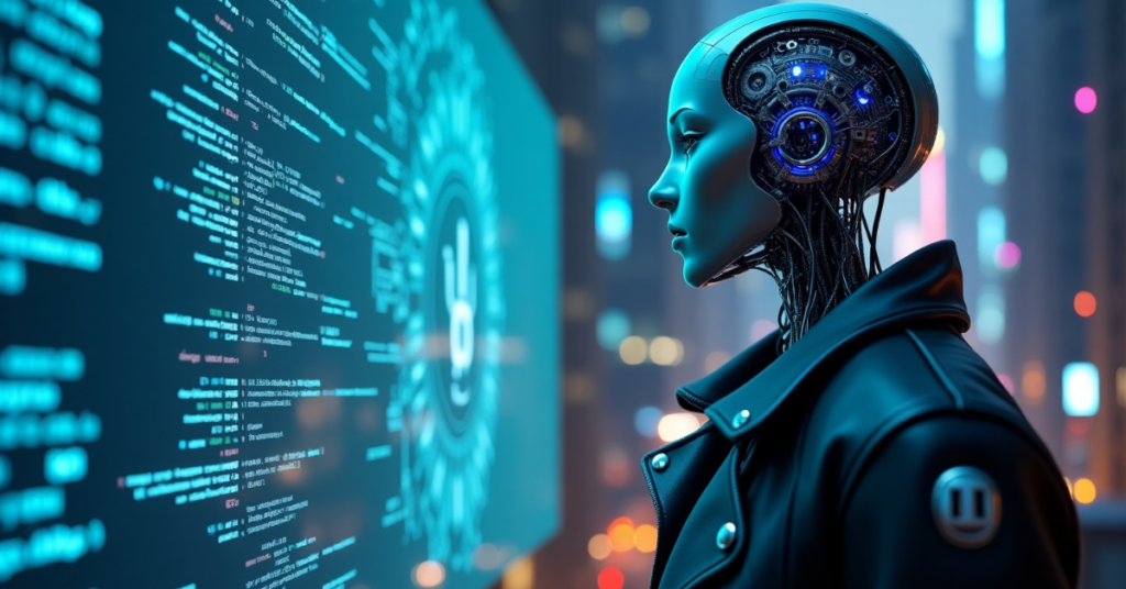 A futuristic cyborg with an exposed mechanical brain and glowing blue circuitry examines a digital screen filled with complex data and cybersecurity code in a neon-lit cityscape. The cyborg wears a black leather jacket, blending cyberpunk aesthetics with advanced AI technology.