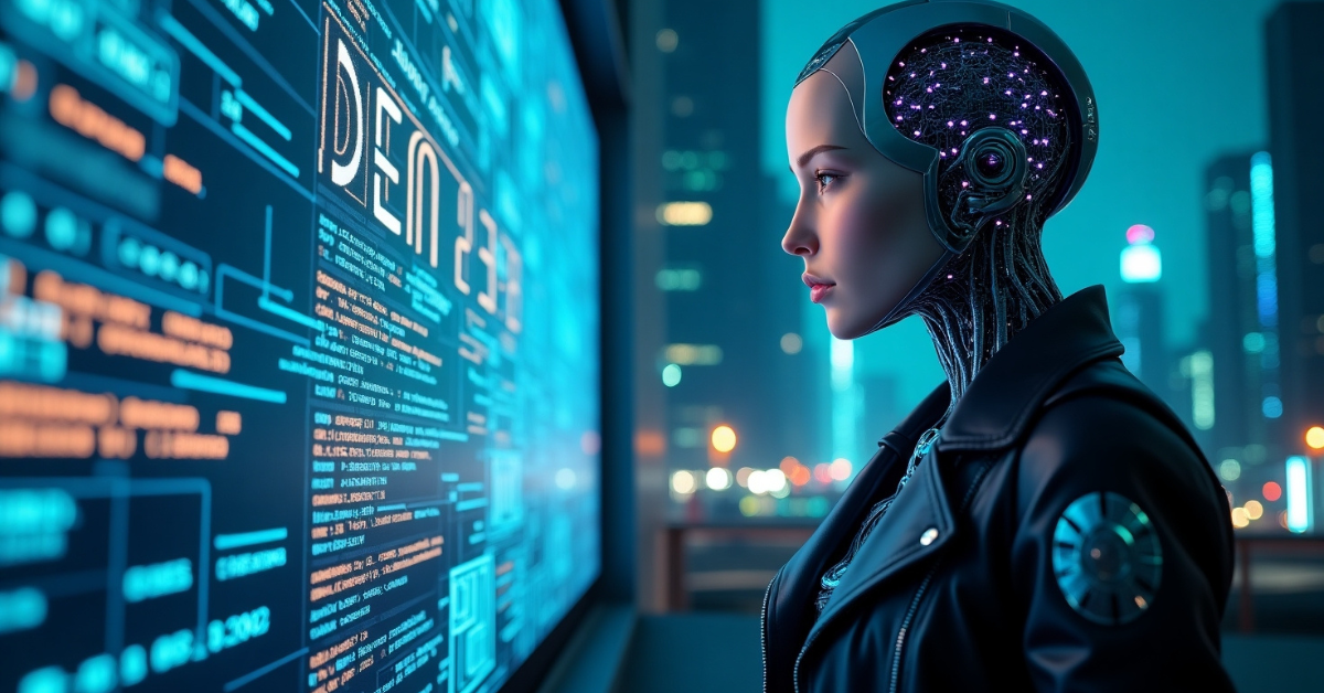 A futuristic female cyborg wearing a black leather jacket stands in front of a glowing digital display filled with cyber data and codes in a neon-lit cityscape. Her cybernetic head is adorned with intricate circuitry and illuminated nodes.