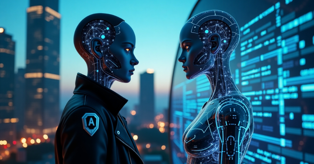 Two humanoid AI beings stand face-to-face in a futuristic city at dusk, one wearing a cybernetic leather jacket with a security insignia while the other has a transparent body revealing glowing neural circuits. A massive digital display behind them projects streams of data, symbolizing AI-driven intelligence and cybersecurity.