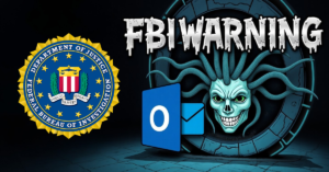 A digital illustration featuring an "FBI WARNING" sign in horror-style text, the official FBI seal, an Outlook email icon, and a menacing skull-faced figure with snake-like hair emerging from a circular vault-like structure.