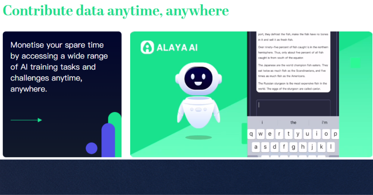 Alaya AI interface showing data contribution features with a robot mascot and mobile screen.