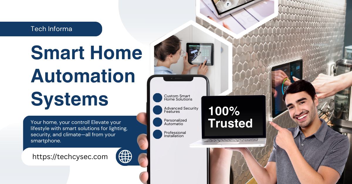 A promotional graphic for Techcysec's Smart Home Automation Systems, featuring a smartphone interface, security control panels, and a smiling technician.