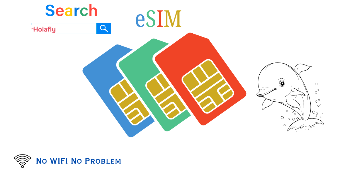 Colorful eSIM cards with a dolphin illustration and a search bar showing "Holafly", accompanied by the phrase "No WiFi No Problem".