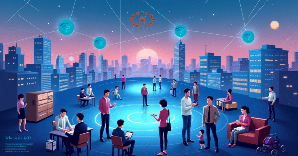 Illustration of people in a smart city interacting with connected devices via IoT, with wireless icons and network lines indicating data communication.