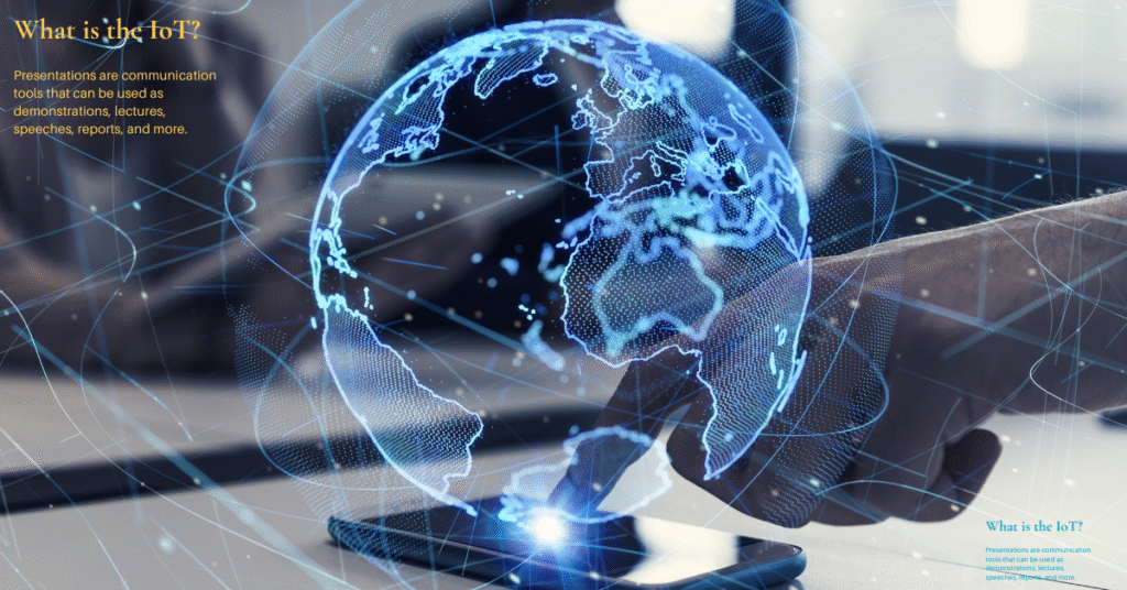 Digital globe overlaying a touchscreen device, symbolizing the Internet of Things with interconnected global data and modern communication technology.
